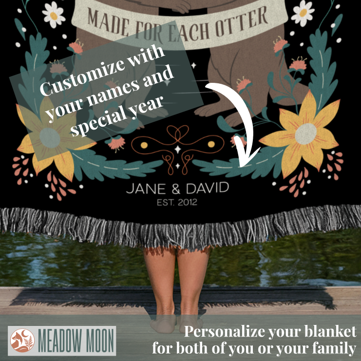 Personalized round blanket with floral designs and text, featuring 'Made for Each Other' and 'Meadow Moon' branding.