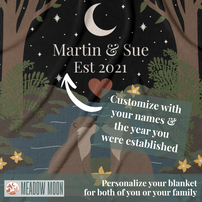 Personalized blanket with a forest design, moon, and stars, featuring the text 'Martin & Sue Est 2021' and a call to action to customize with names and year.