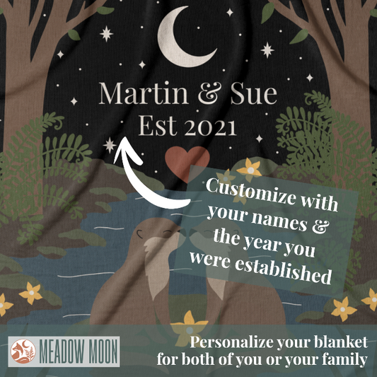 Personalized blanket with a forest design, moon, and stars, featuring the text 'Martin & Sue Est 2021' and a call to action to customize with names and year.