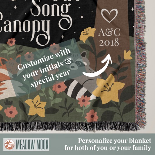Personalized blanket with animals and flowers, featuring text to customize initials and year, branded 'Meadow Moon'.