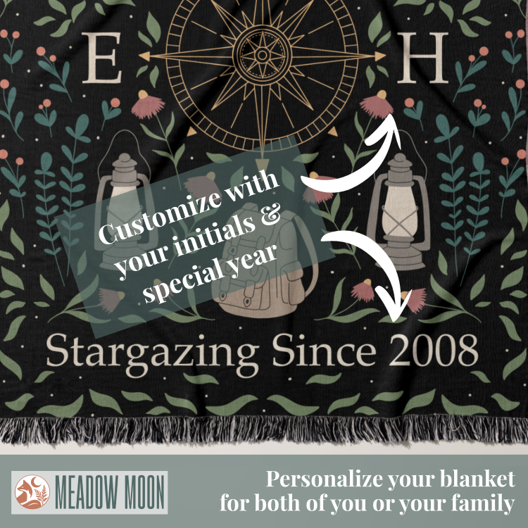 Blanket with stargazing design and text, featuring a compass and lanterns on a dark background.