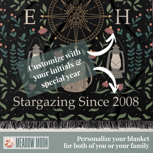 Blanket with stargazing design and text, featuring a compass and lanterns on a dark background.