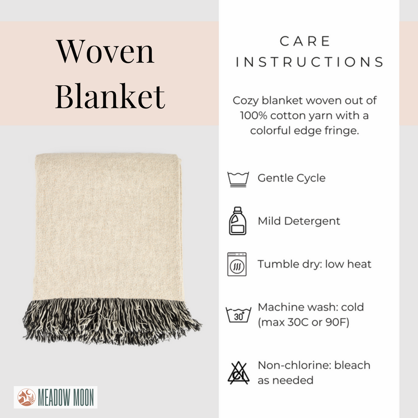 Use our care instructions to keep your personalized blanket looking great. Wash on a gentle cycle, using mild detergent and tumble dry on a low heat. Avoid using chlorine bleach