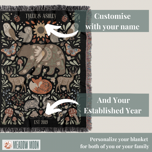Decorative blanket with animal patterns and text for personalization, featuring the brand 'Meadow Moon'.