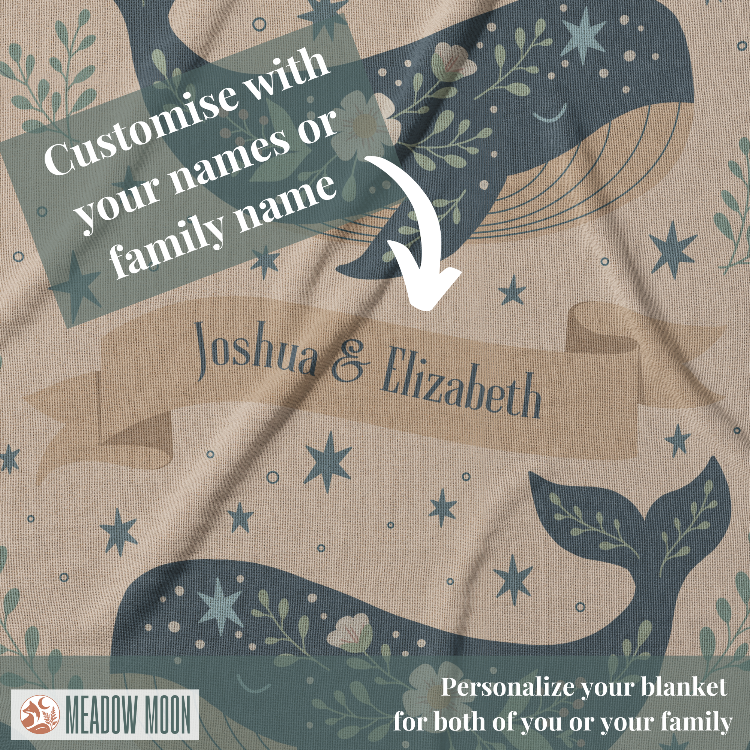 Blanket with whale design and customizable text, featuring the brand 'Meadow Moon'.