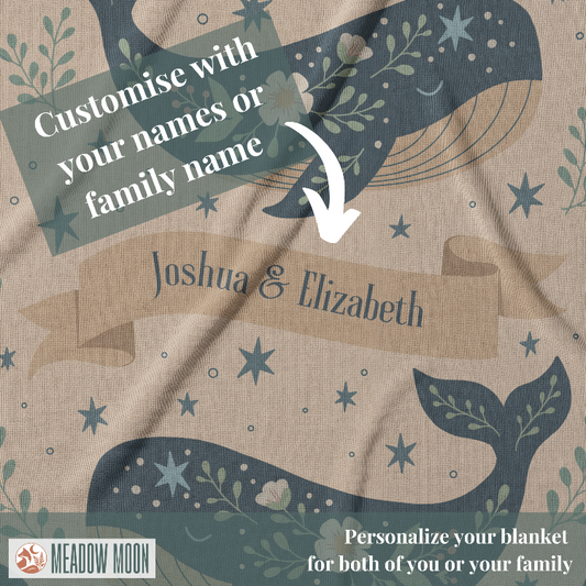Blanket with whale design and customizable text, featuring the brand 'Meadow Moon'.