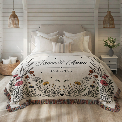 Bed with personalized floral blanket featuring names and date, in a bedroom setting.